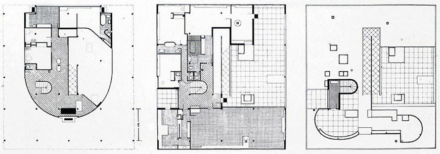 Ground plan (left), first story (center), atrium and roof garden (right), Le Corbusier, Villa Savoye, Poissy, France, 1929