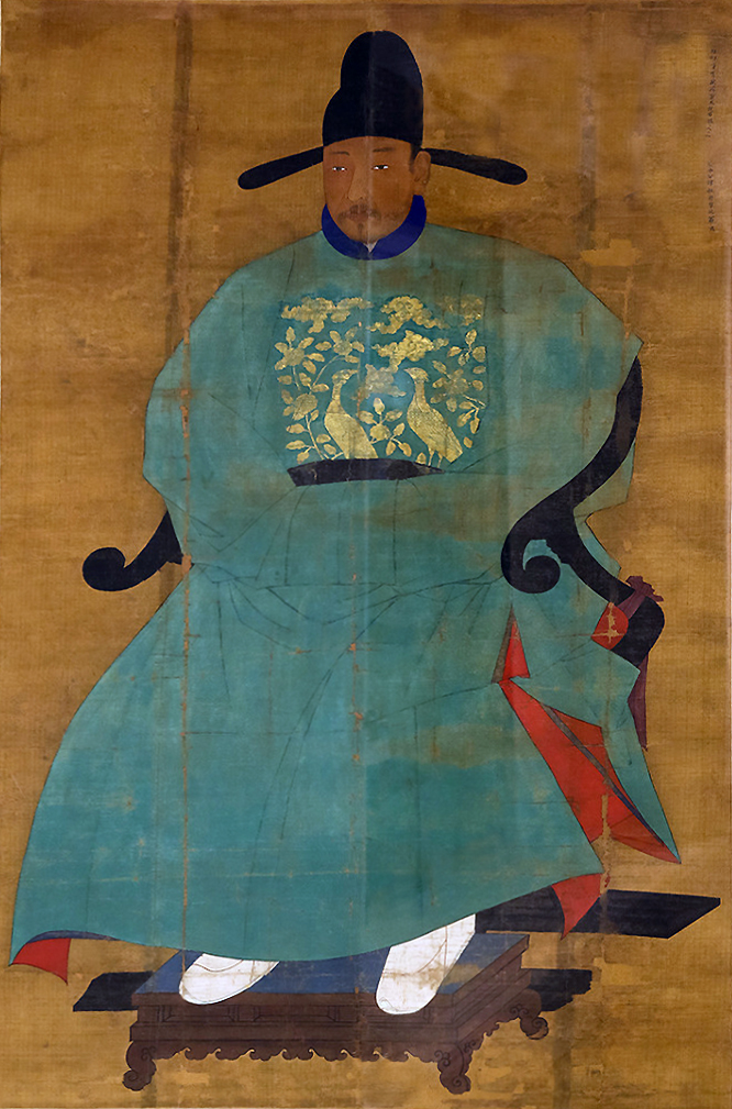 Portrait of Sin Sukju, second half of the 15th century, hanging scroll, ink and color on silk, 167 x 109.5 cm, Goryeong Sin Family Collection, Cheongwon, Treasure no. 613.