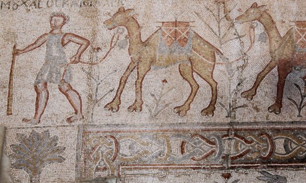 Mosaic depicting a camel-driver named Mouchasos, from Deir al-'Adas, Syria, 8th century (photo: Michael Greenhalgh/Manar al-Athar)
