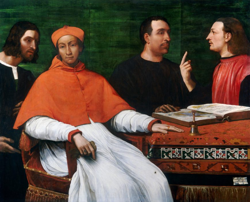 Sebastiano del Piombo, Cardinal Bandinello Sauli, His Secretary, and Two Geographers, 1516, oil on panel, 121.8 x 150.4 cm / 47 15/16 x 59 3/16" (National Gallery of Art, Washington, D.C.)