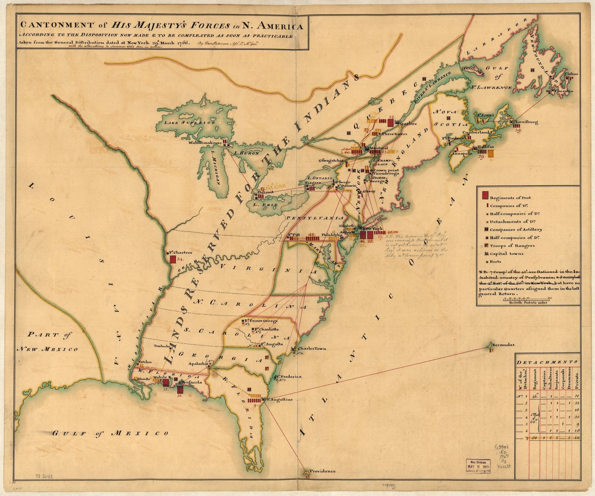 A 1767 map of the placement of British military forces in North America. Daniel Paterson, Cantonment of His Majesty's forces in N. America according to the disposition now made & to be completed as soon as practicable taken from the general distribution dated at New York, 29th. March, 1767 (Library of Congress)