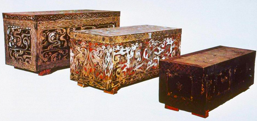 Nesting coffins of Lady Dai (Xin Zhui), Tomb 1 at Mawangdui, Changsha, Hunan Province, 2nd century B.C.E., wood, lacquered exteriors and interiors, 256 x 118 x 114 cm, 230 x 92 x 89 cm and 202 x 69 x 63cm, (Hunan Provincial Museum)