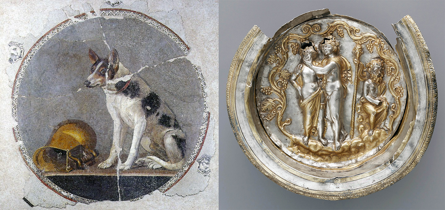 Left: Mosaic depicting a sitting dog, c. 2nd century B.C.E., Ptolemaic period, mosaic, Lower Egypt, Alexandria, El Shatby, Bibliotheca Alexandrina Site (Bibliotheca Alexandrina Museum); right: Bowl with a Medallion Depicting Dionysos and Ariadne, c. 100 B.C.E., silver with gilding, Asia Minor, 3.2 × 14.4 cm (The J. Paul Getty Museum, Villa Collection)