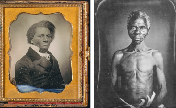 Left: Frederick Douglass, c. 1855, daguerreotype, 8.3 x 7 cm; right: Joseph T. Zealy, daguerreotype of Renty Taylor, 1850