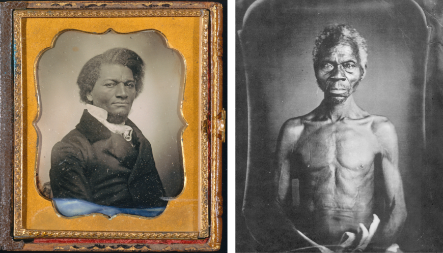 Left: Frederick Douglass, c. 1855, daguerreotype, 8.3 x 7 cm (Metropolitan Museum of Art); right: Joseph T. Zealy, daguerreotype of Renty Taylor, 1850 (Peabody Museum of Archaeology and Ethnology, Harvard University; photo: Unibond)