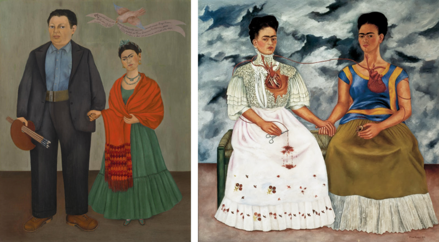Left: Frida Kahlo, Frieda and Diego Rivera, 1931, oil on canvas, 100.01 x 78.74 cm (San Francisco Museum of Modern Art); right: Frida Kahlo, The Two Fridas (Las dos Fridas), 1939, oil on canvas, 67-11/16 x 67-11/16" (Museo de Arte Moderno, Mexico City)