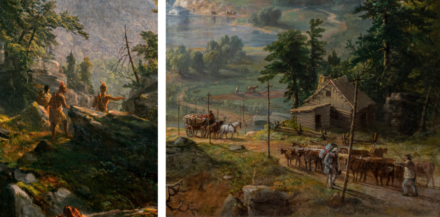 Left: Indigenous people look on (detail), right: Settler homestead (detail); Asher B. Durand, Progress (The Advance of Civilization), 1853, oil on canvas, 58 7/16 x 82 1/4 x 4 3/8 inches (Virginia Museum of Fine Arts; photos: Steven Zucker, CC BY-NC-SA 2.0)