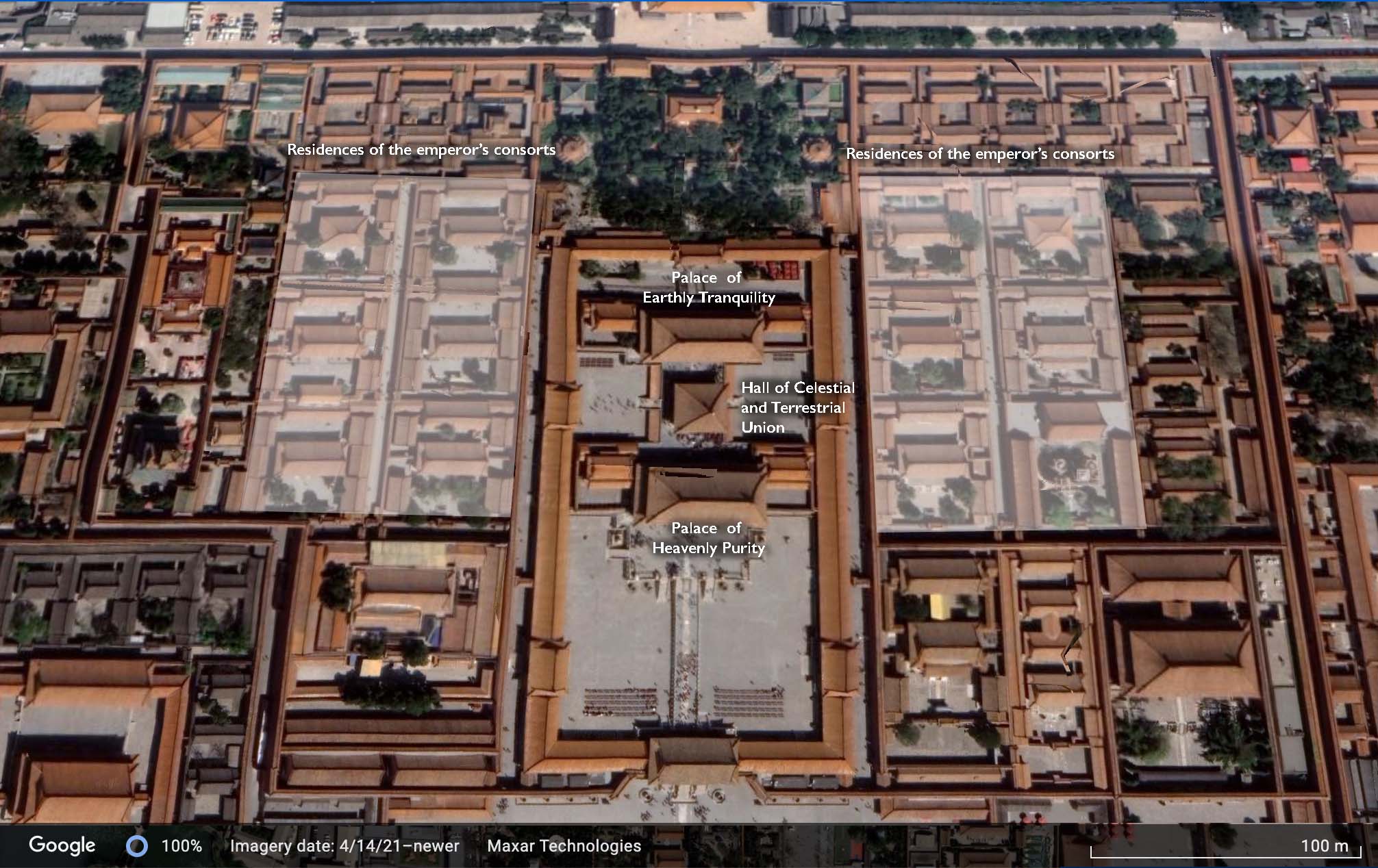 Interior court showing the Palace of Celestial Purity, the Hall of Celestial and Terrestrial Union, the Palace of Earthly Tranquility, and residences for the emperor's consorts (map © Google Earth 2021)