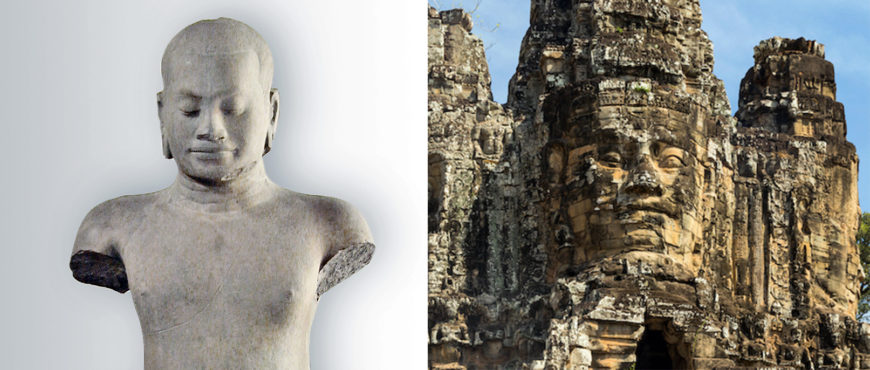 Left: Jayavaraman VII, late 12th–early 13th century, sandstone, 137.5 cm high, Krol Romeas, Angkor Thom (Siem Reap) (National Museum of Cambodia, Phnom Penh; photo: Jean-Pierre Dalbéra, CC BY 2.0); right: Detail of face on the south gate, Angkor Thom (photo: Marcin Konsek, CC BY-SA 4.0)