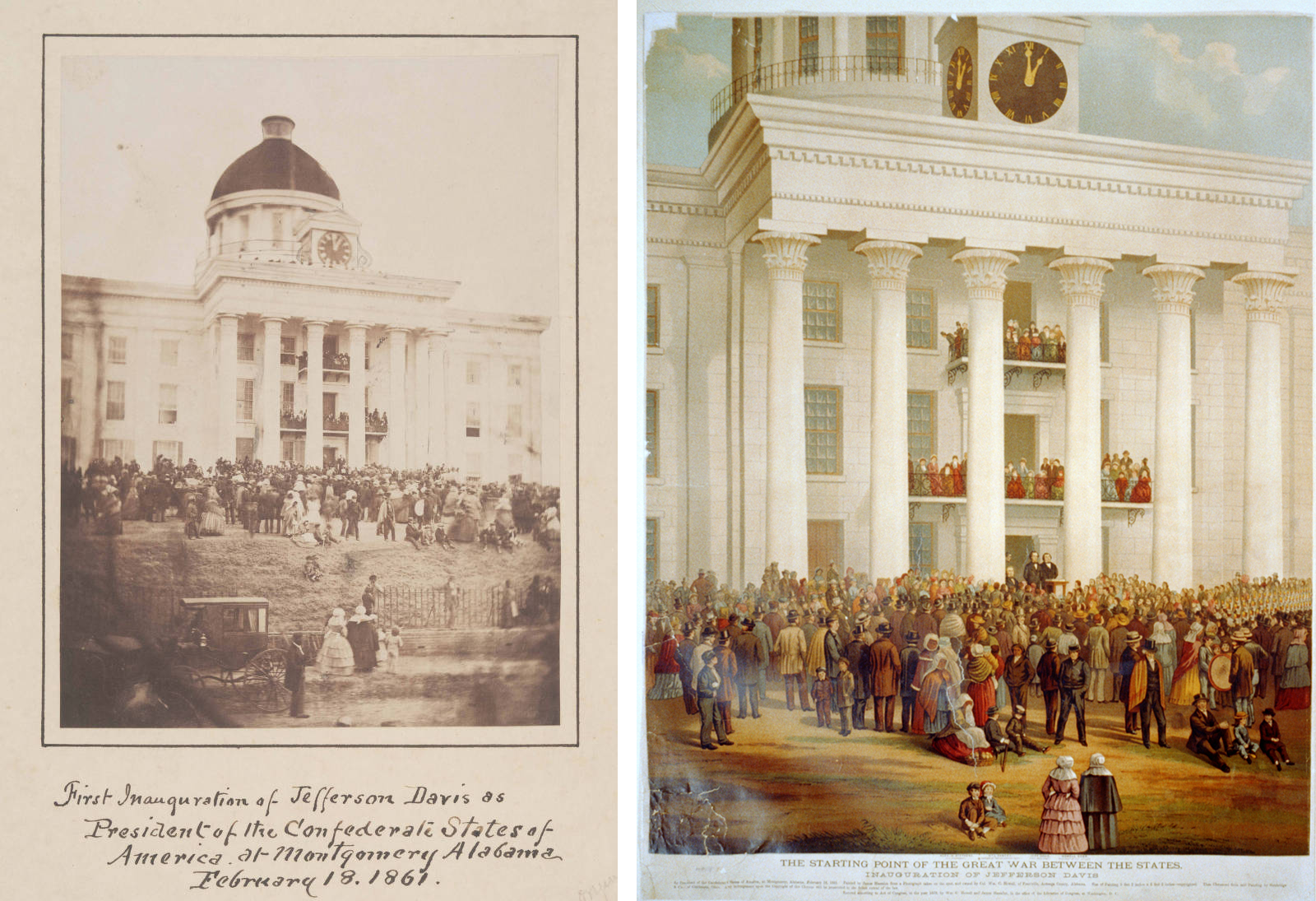 Left: A. C. McIntyre, First inauguration of Jefferson Davis as President of the Confederate States of America at Montgomery, Alabama, February 18, 1861 (photographic print, 19.9 x 14.7 cm (Boston Athenaeum); right: The starting point of the great war between the states: the inauguration of Jefferson Davis, 1878, chromolithograph, 76.6 x 60.8 cm (Library of Congress))