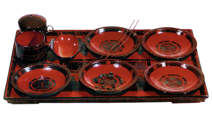 Example of objects from Lady Dai’s life: lacquer tray and dishes, Tomb 1 at Mawangdui, Changsha, Hunan Province, 2nd century B.C.E.