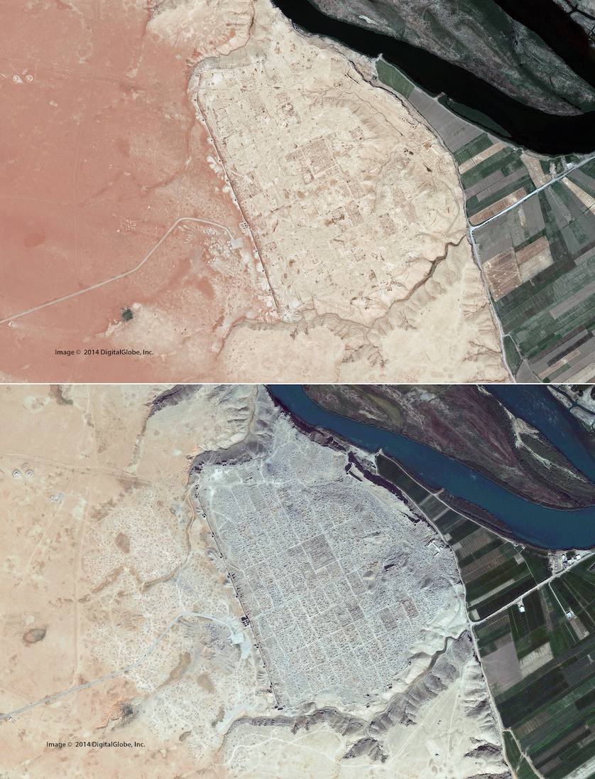 Satellite imagery before (top) and after episodes of heavy looting (bottom), leaving the surface of the site covered in round depressions resembling a moonscape (Retrieved from Google Earth)