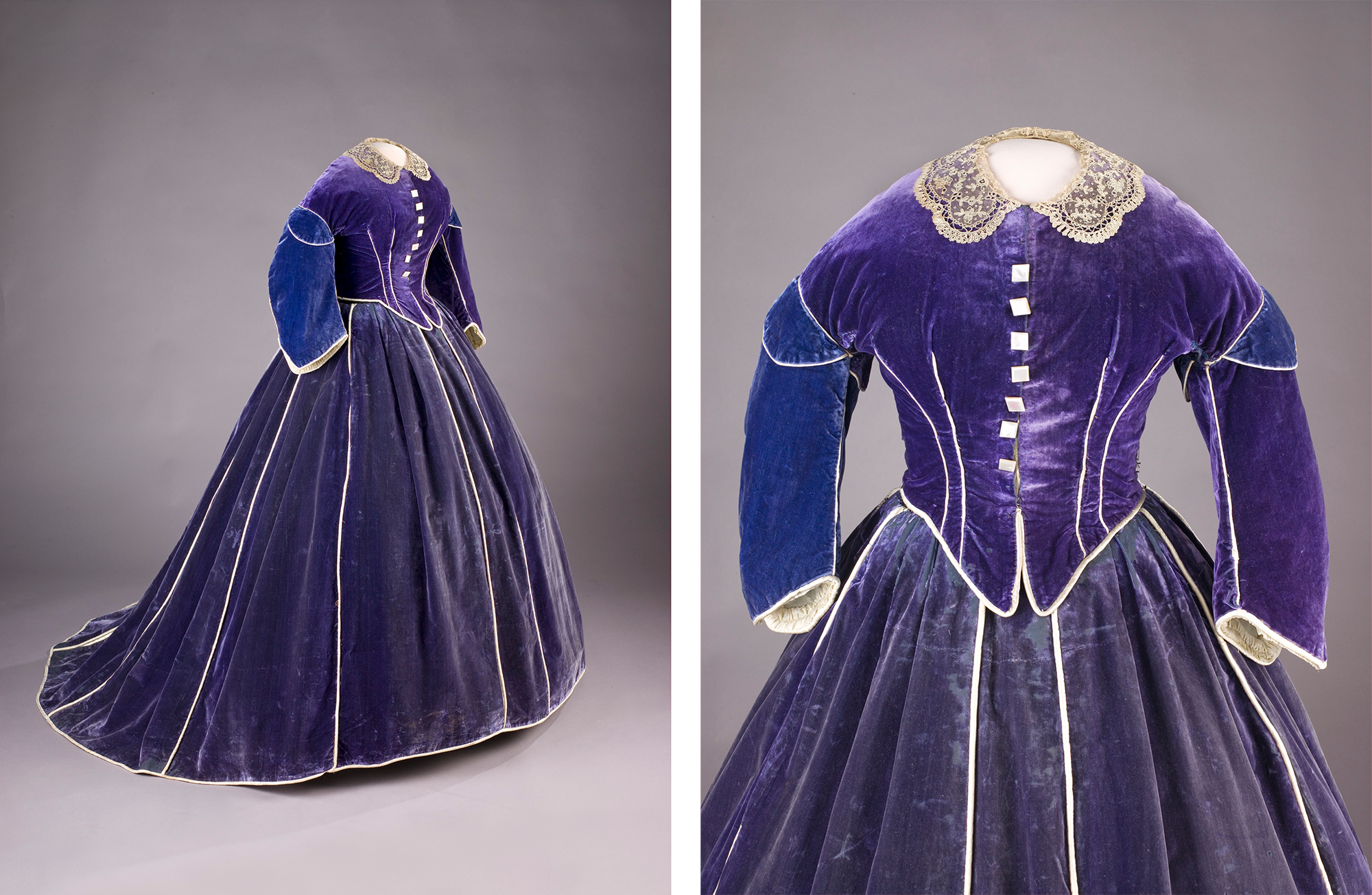 Elizabeth Keckley, Mary Lincoln dress, 1861, velvet, satin, and mother of pearl, 152.4 cm x 121.92 cm (National Museum of American History, Smithsonian Institution)