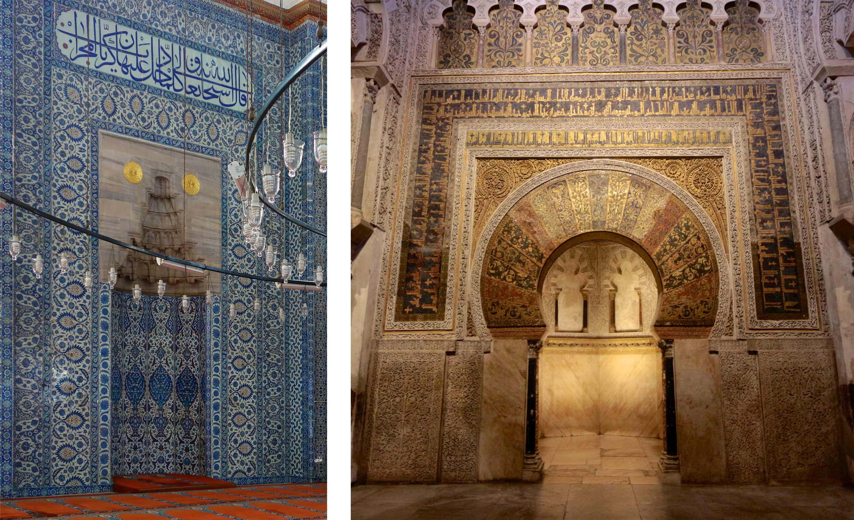 Left: Mimar Sinan, Mihrab and minbar, Rüstem Paşa Mosque, 1561–63, Istanbul (photo: Steven Zucker, CC BY-NC-SA 2.0); right: Mihrab, Great Mosque of Córdoba, c. 786, Córdoba, Spain (photo: Brent Miller, CC BY-NC-ND 2.0)