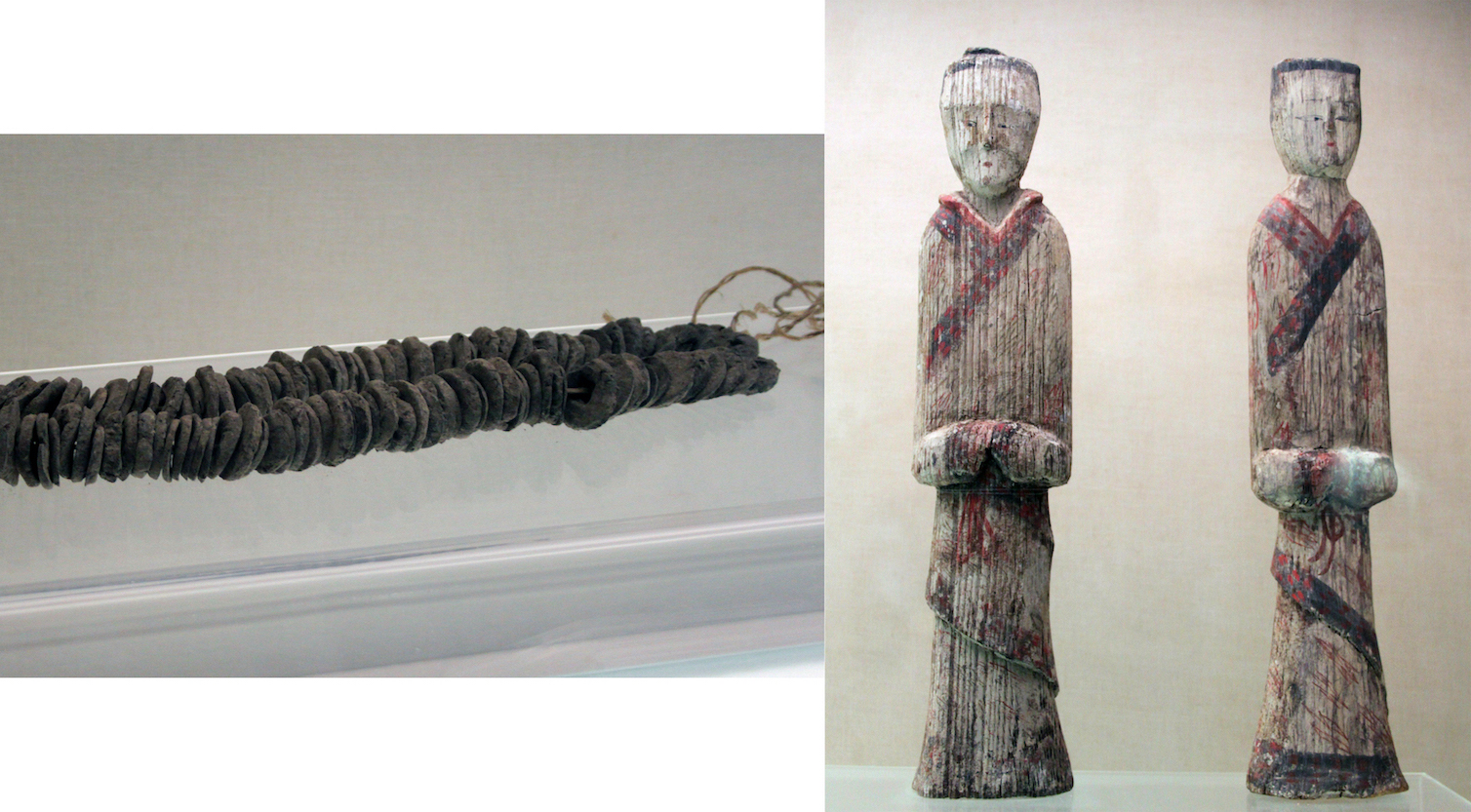 Examples of mingqi: clay replicas of coins (left) and painted tomb figurines made of wood (right), Tomb 1 at Mawangdui, Changsha, Hunan Province, 2nd century B.C.E. (Photos by Gary Todd).