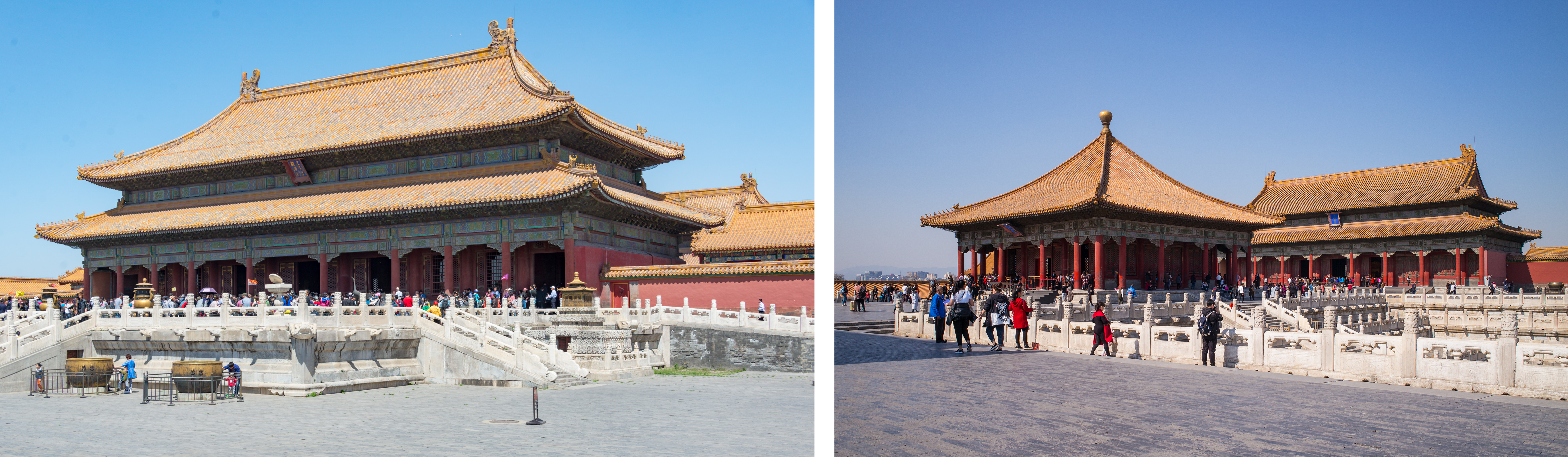Left: Palace of Heavenly Purity (Qianqinggong), Forbidden City, Beijing (photo: Xiquinho Silva, CC BY 2.0); Left: Hall of Celestial and Terrestrial Union (Jiaotaidian) and Palace of Earthly Tranquility (Kunninggong) (photo: R Boed, CC BY 2.0)