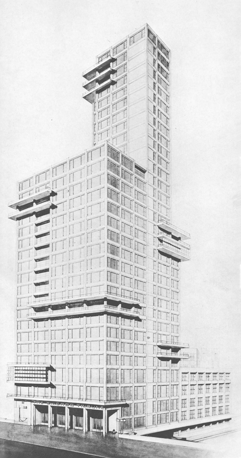 Walter Gropius and Adolf Meyer, competition entry for the Chicago Tribune Tower, 1922, perspective drawing, 22.5 x 13.3 cm, gelatin silver print sheet (Harvard Art Museums)