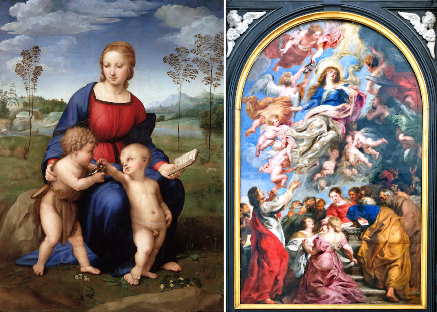 Left: Raphael, Madonna of the Goldfinch, 1505–6, oil on panel, 107 x 77 cm (Uffizi, Florence); right: Peter Paul Rubens, Assumption of the Virgin Mary, 1626, oil on panel, 490 cm x 325 cm, High Altar of the Cathedral of Our Lady, Antwerp, Province of Antwerp, Flanders, Belgium