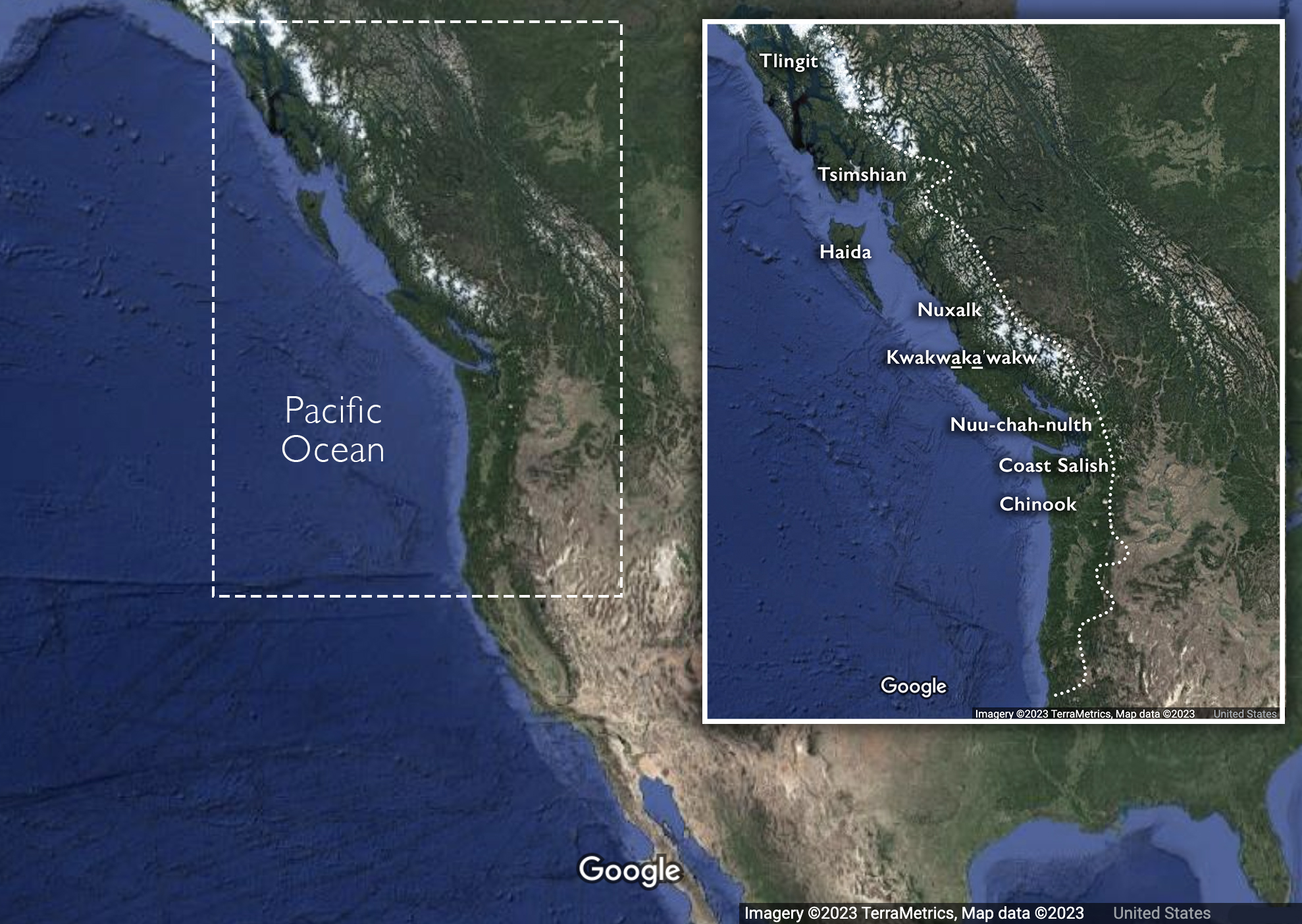 Map of northwest coast cultures (underlying map © Google)