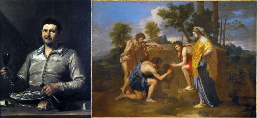 An example of Baroque realism (left) contrasted with an example of Baroque classicism (right). Left: Jusepe de Ribera, Sense of Taste, 1613–16, oil on canvas, 117 x 88 cm (Wadsworth Atheneum, Hartford); right: Nicolas Poussin, Et in Arcadia Ego, 1637–38, oil on canvas, 87 x 120 cm (Musée du Louvre, Paris, photo: Steven Zucker, CC BY-NC-SA 2.0)
