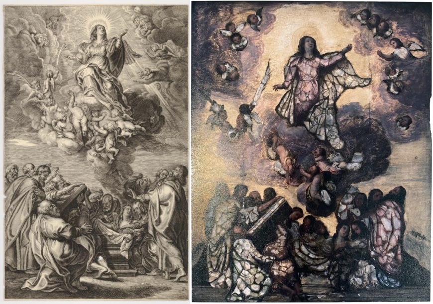 Left: Schelte à Bolswert, The Assumption of the Virgin, 1630–90, engraving, 27.3 x 17.2 cm, after the painting by Rubens (The British Museum, CC BY-NC-SA 4.0); right: Miguel González and/or Juan González, The Assumption of the Virgin, c. 1700, oil on panel with inlaid mother-of-pearl, 93 x 74 cm (private collection, Monterrey, Mexico)