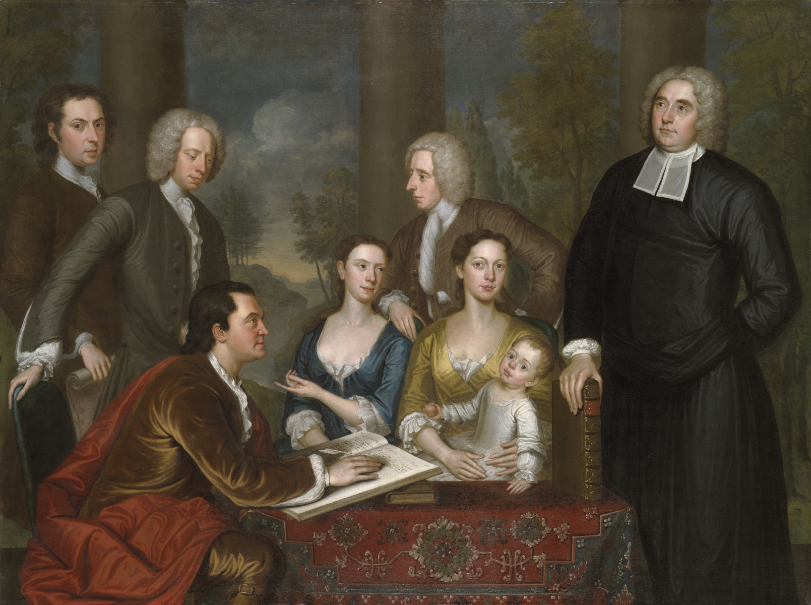 John Smibert, The Bermuda Group, 1728, reworked 1739, oil on canvas, 69 1/2 x 93" / 176.5 x 236.2 cm (Yale University Art Gallery)