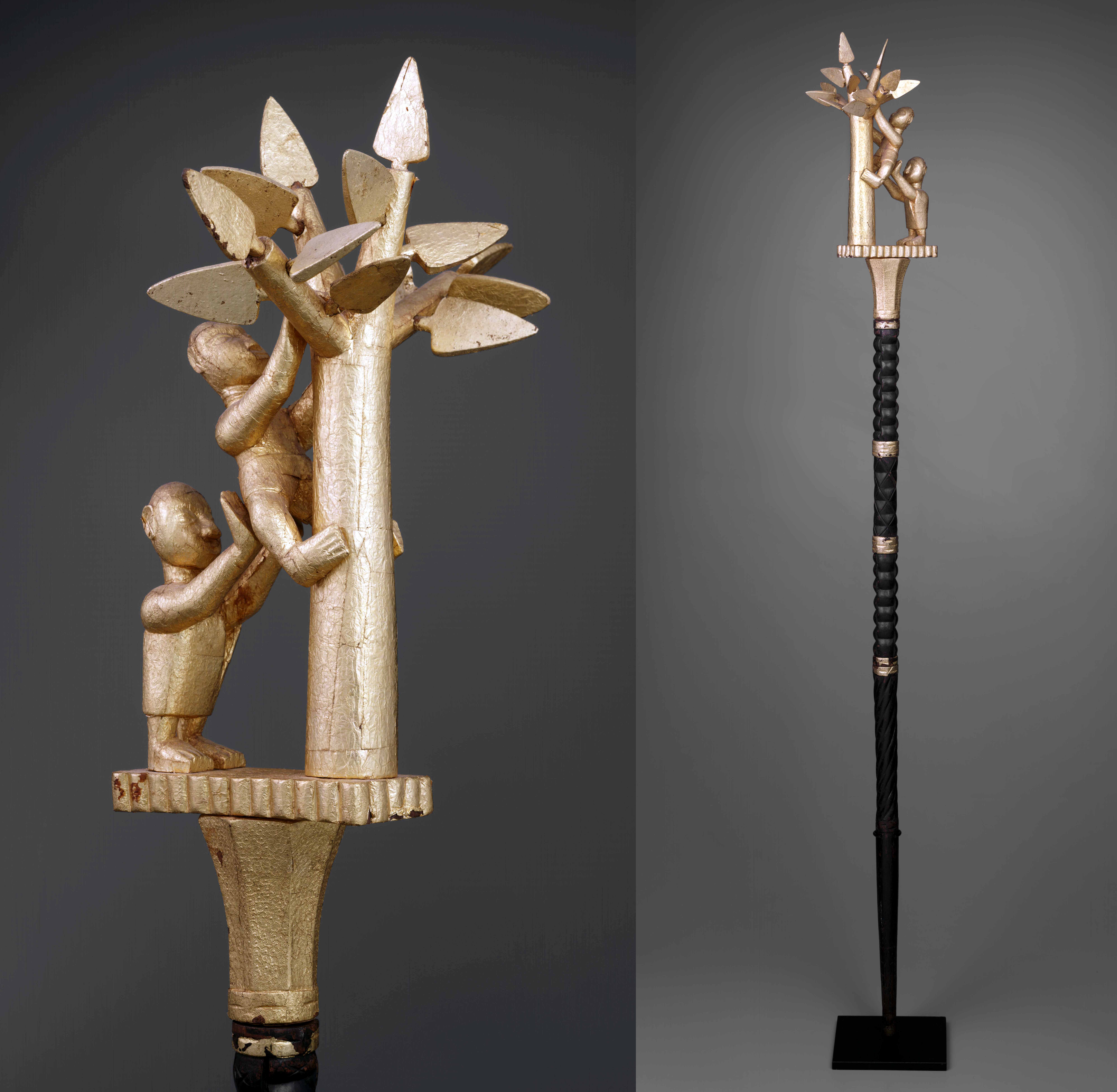 Linguist staff (okyeame poma), 1st half of the 20th century, Asante peoples, Ghana, wood and gold leaf, 1 m 60.02 cm x 25.083 cm x 20.32 cm (Dallas Museum of Art)
