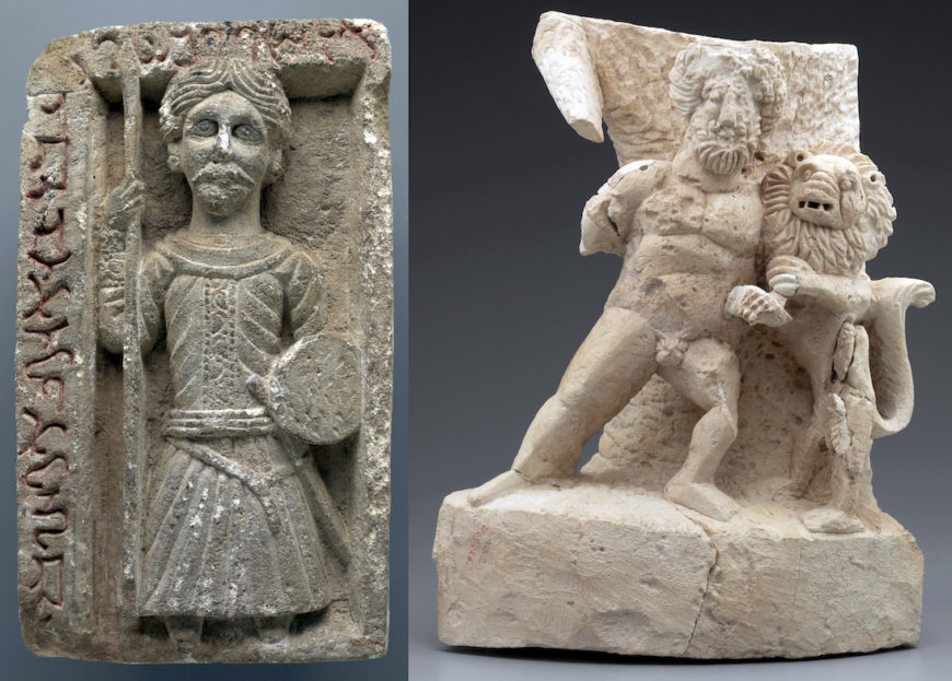 Left: Relief of the god Arsu, with Palmyrene Aramaic inscription reading “Arsu, the camel rider, ‘Ogâ, the sculptor made it for the life of his son”. Traces of black paint survive around the eyes, and the inscription was painted in red; the god is armed with a lance and shield. From the Temple of Zeus Megistos, Block C4. (Yale University Art Gallery 1938.5311); right: Nude hero wrestling a lion, probably Heracles wrestling the Nemean lion. From the Temple of Zeus Megistos, Block C4. Yale University Art Gallery 1938.5302