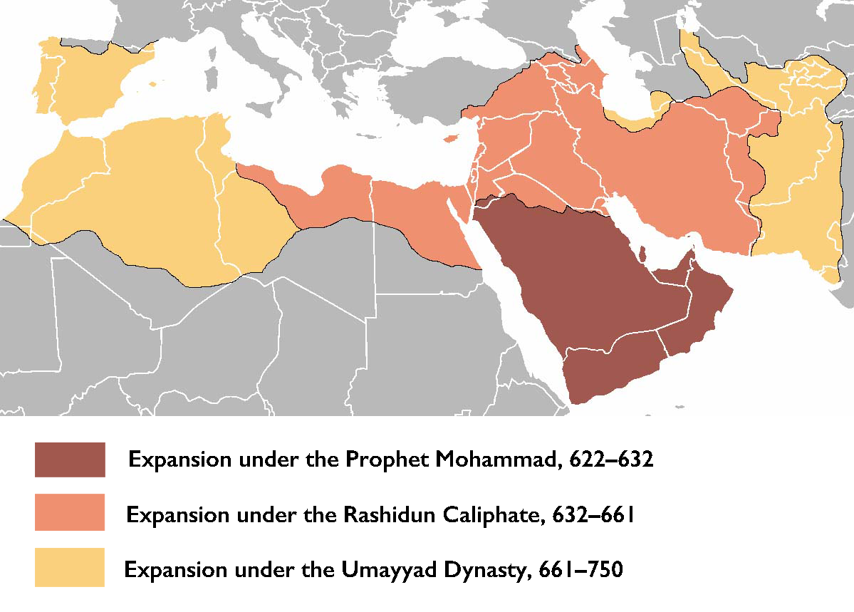 Map indicating the phases of expansion under the Prophet Mohammad, the Rashidun caliphate, and the Umayyad Dynasty