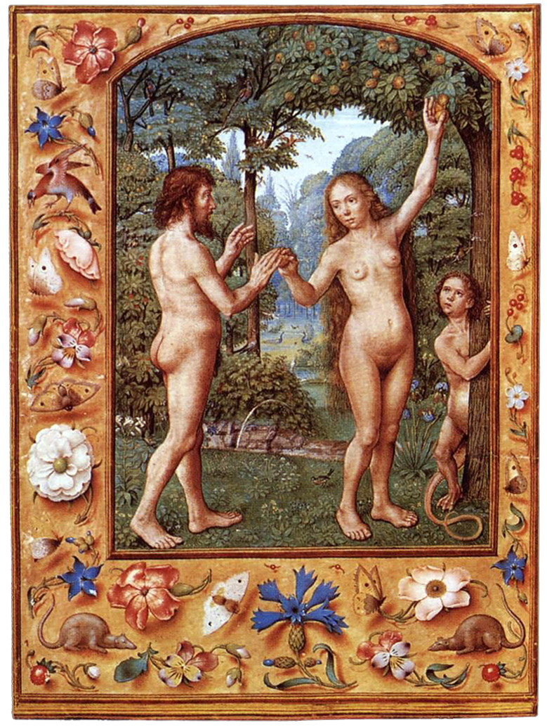 A page from the Grimany Breviary, such as Adam and Eve, with plants and small animals in the margin. Flemish miniaturist, Adam and Eve, from the Grimany Breviary, c. 1510–1520, Venice, Biblioteca Nazionale Marciana, MS. lat. I. 99. Image source: Web Gallery of Art, https//:www.wga.hu.