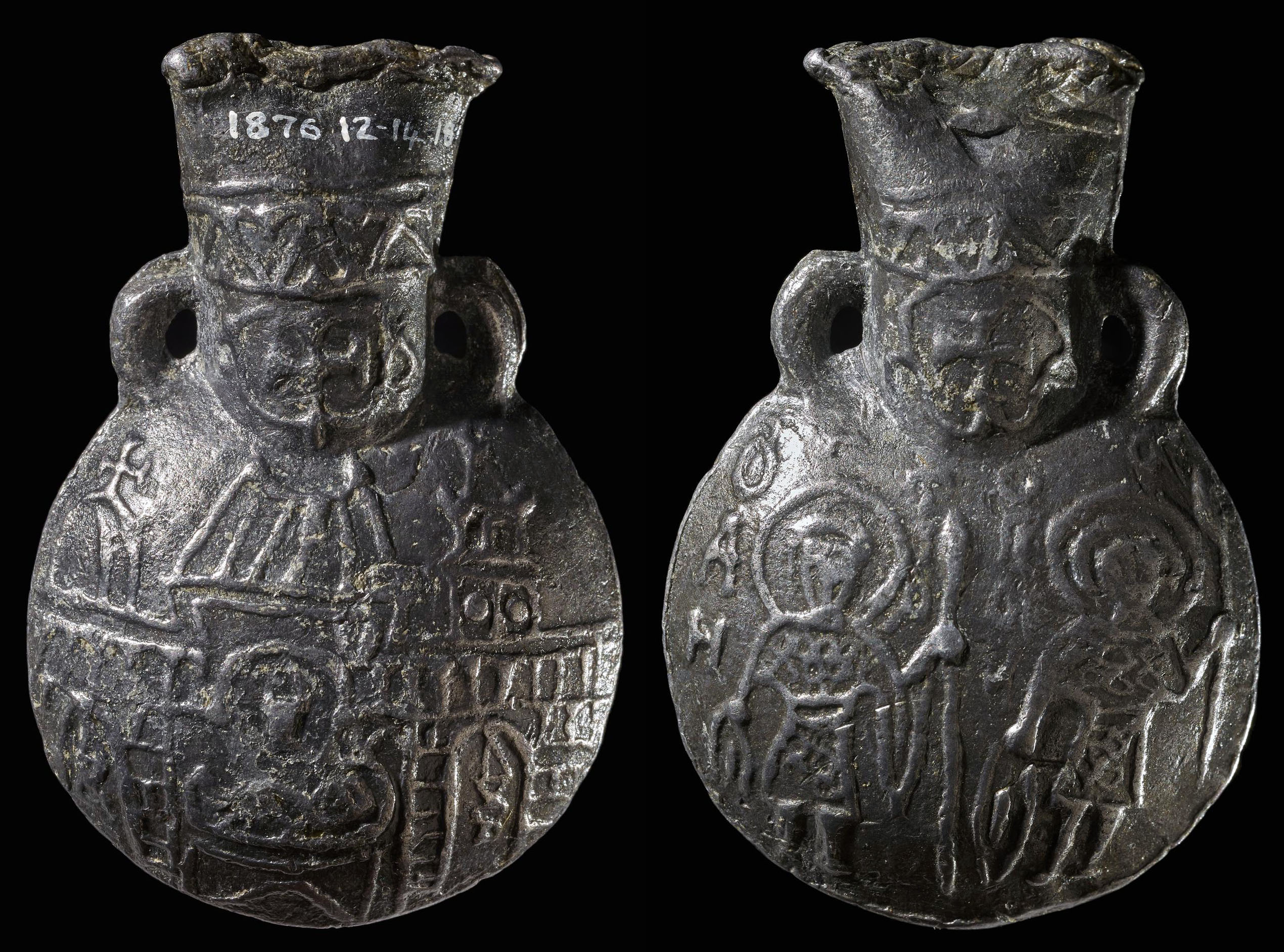 [Image: Pilgrimage ampulla from Jerusalem with depictions of the Church of the Holy Sepulchre (front) and two warrior saints (reverse)(British Museum)]