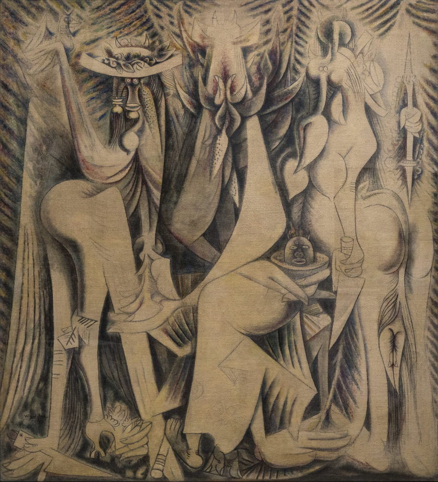 Wifredo Lam, The Eternal Presence (An Homage to Alejandro García Caturla), 1944, oil and pastel over papier mâché and chalk ground on bast fiber fabric, 85 1/4 x 77 1/8 inches (Rhode Island School of Design Museum; photo: Steven Zucker, CC BY-NC-SA 2.0)