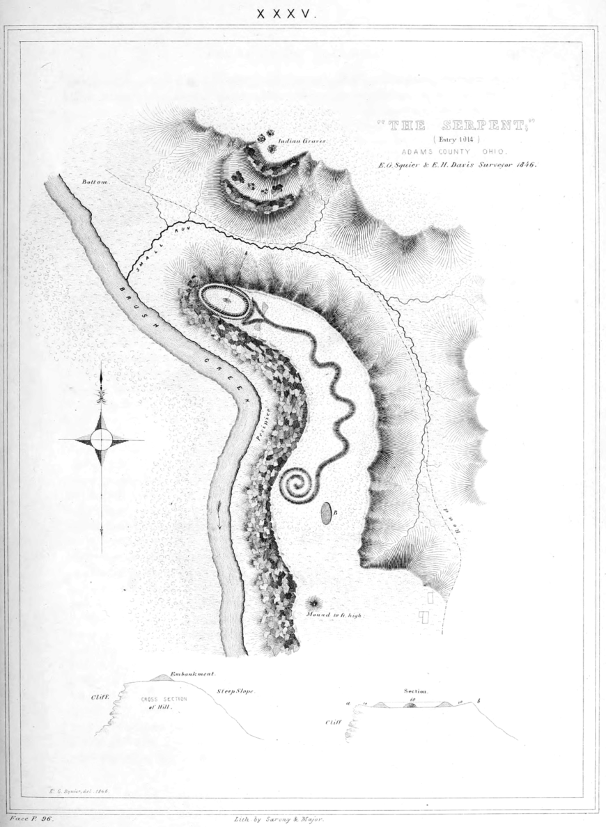Ephraim George Squier and E. H. Davis, "The Serpent;" entry 1014, Adams County Ohio. Pl. XXXV, Ancient monuments of the Mississippi Valley: comprising the results of extensive original surveys and explorations, Washington: Smithsonian institution, 1848