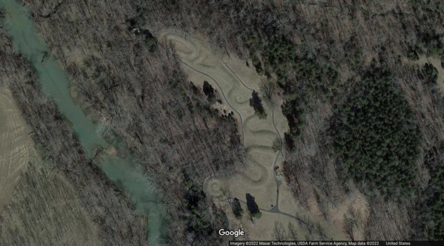 Aerial view of the Great Serpent Mound, c. 1070, Adams County, Ohio (underlying map © Google)