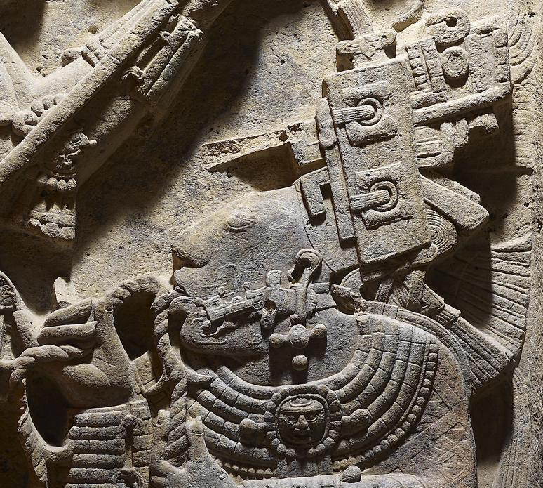 Lady K'abal Xook pulling a thorned rope through her tongue (detail), Yaxchilán lintel 24, after 709 C.E., Maya, Late Classic period, limestone, 109 x 78 x 6 cm, Mexico © Trustees of the British Museum