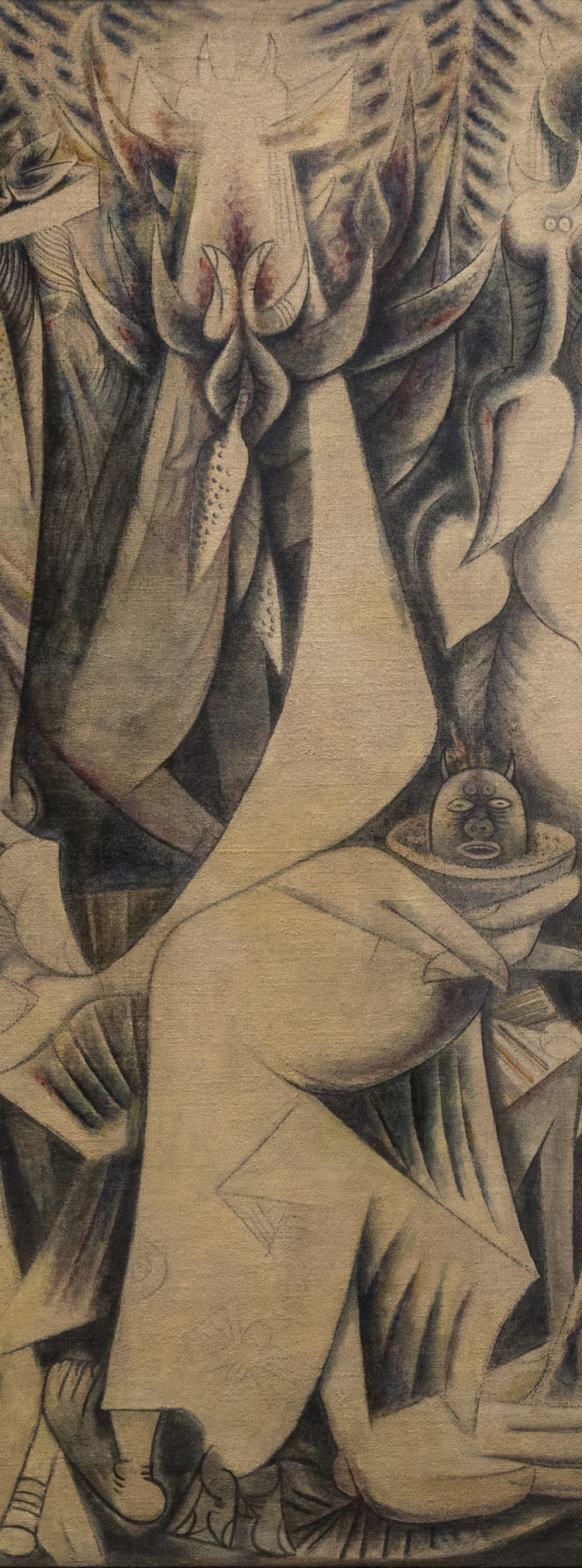 Wifredo Lam, The Eternal Presence (An Homage to Alejandro García Caturla), detail, 1944, oil and pastel over papier mâché and chalk ground on bast fiber fabric, 85 1/4 x 77 1/8 inches (Rhode Island School of Design Museum; photo: Steven Zucker, CC BY-NC-SA 2.0)