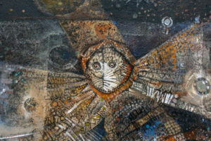 Skunder (Alexander) Boghossian, detail of winged creature with a cat's face, Night Flight of Dread and Delight, 1964, oil on canvas with collage, 143.8 x 159.1 cm (North Carolina Museum of Art; photo: Steven Zucker, CC BY-NC-SA 2.0)