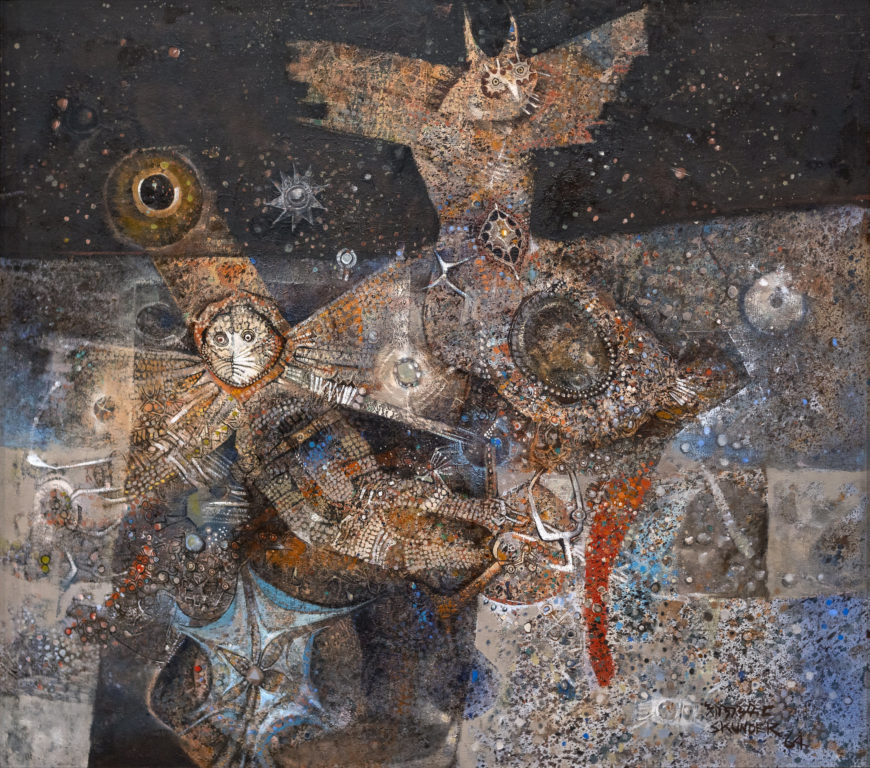 Skunder (Alexander) Boghossian, Night Flight of Dread and Delight, 1964, oil on canvas with collage, 56 5/8 x 62 5/8 in. (143.8 x 159.1 cm) (North Carolina Museum of Art, Raleigh, Purchased with funds from the North Carolina State Art Society (Robert F. Phifer Bequest), 98.6; photo: Steven Zucker, CC BY-NC-SA 2.0)