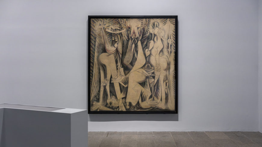 Wifredo Lam, The Eternal Presence (An Homage to Alejandro García Caturla), 1944, oil and pastel over papier mâché and chalk ground on bast fiber fabric, 85 1/4 x 77 1/8 inches (Rhode Island School of Design Museum; photo: Steven Zucker, CC BY-NC-SA 2.0)