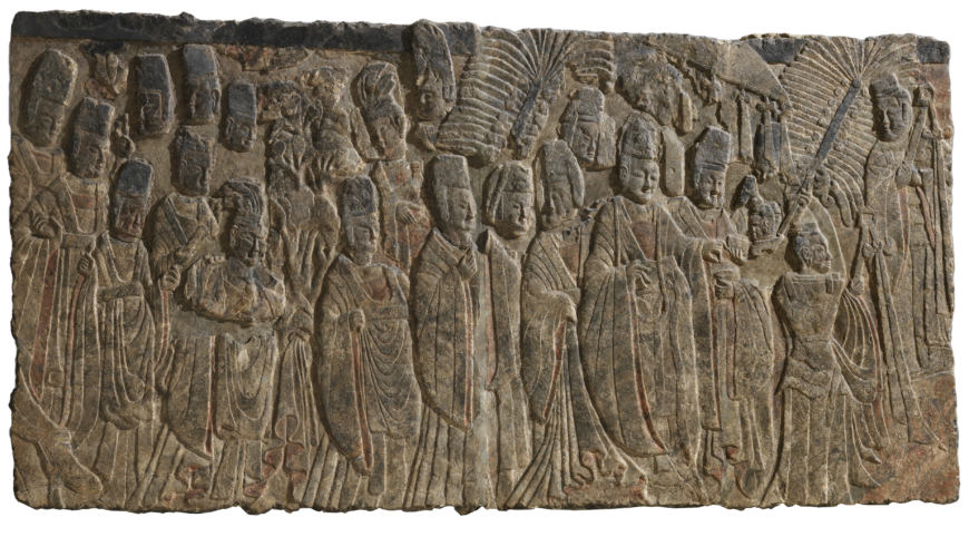 Emperor Xiaowen and His Court, c. 522–23, China, Northern Wei dynasty, limestone with traces of pigment, 82" x 12' 11" / 208.3 x 393.7 cm (The Metropolitan Museum of Art)