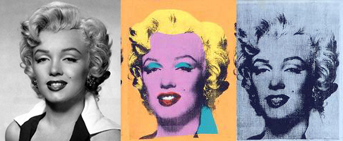 Publicity still for the film Niagara, 1953 left; center and right, details from: Andy Warhol, Marilyn Diptych, 1962, acrylic on canvas, 2054 x 1448 mm (Tate) © 2022 The Andy Warhol Foundation for the Visual Arts, Inc.
