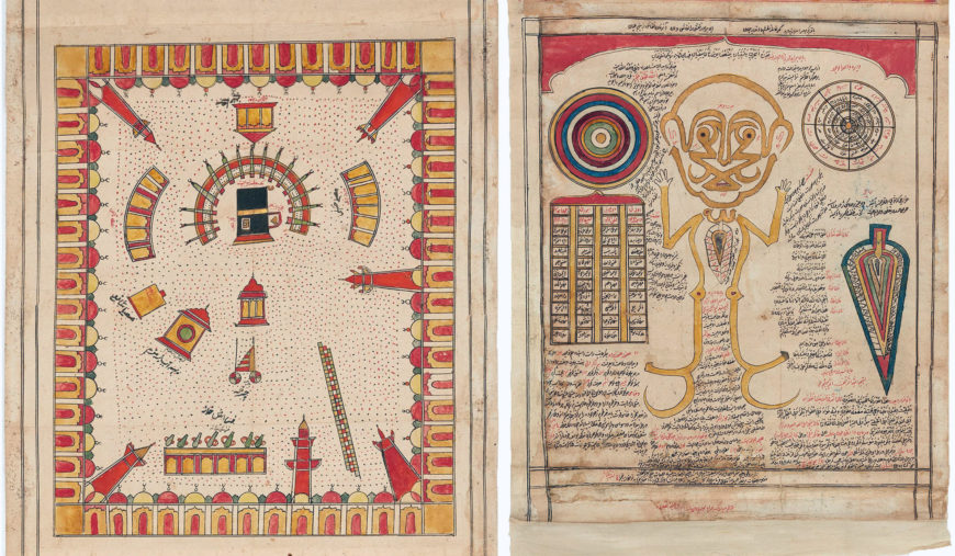 Detail of floral gardens and the Great Mosque of Mecca (left) and talismanic motifs, including magic squares and a human calligram (right). Talismanic pilgrimage scroll signed by Sayyad Muhammad Hasan Cishti, Indian, probably Deccan, 1787–88, 918 x 45.5cm, watercolor, black and red ink, and gold on paper, (<a href="https://www.agakhanmuseum.org/collection/artifact/shiite-talismanic-pilgrimage-scroll-akm917" target="_blank" rel="noopener">Aga Khan Museum</a>)<span style="color: #0000ff;">--any way to make these a little less yellow? and you might crop out that little gray overhand on the bottom right image or make all white backgrounds</span>
