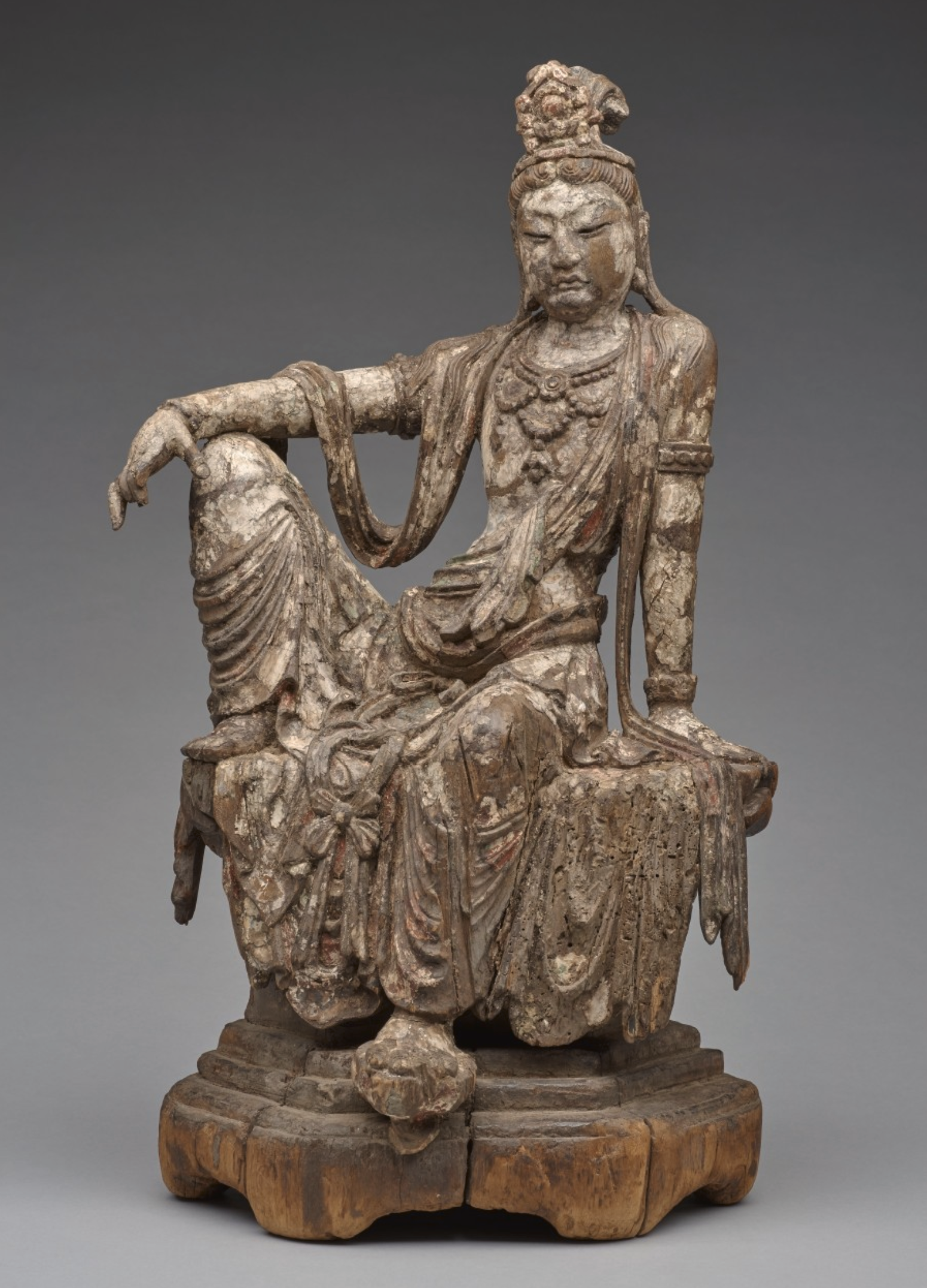 Bodhisattva of Compassion (Guanyin) Seated in Royal Ease, 900s (China), Polychromed Wood, 43.18 x 22.86 x 20.32 cm (Denver Art Museum)