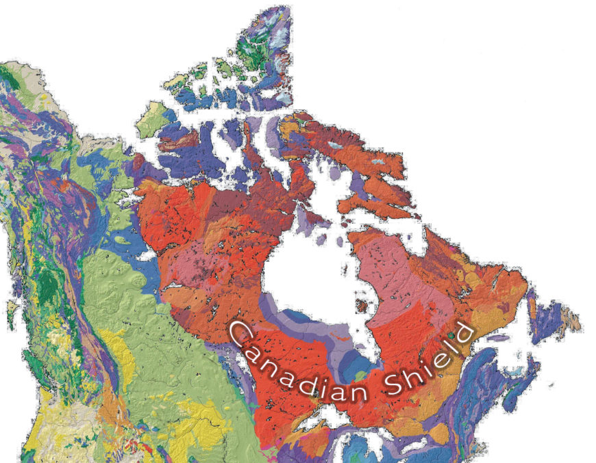 Map of North America showing the Canadian Shield (map: Qyd, CC0)