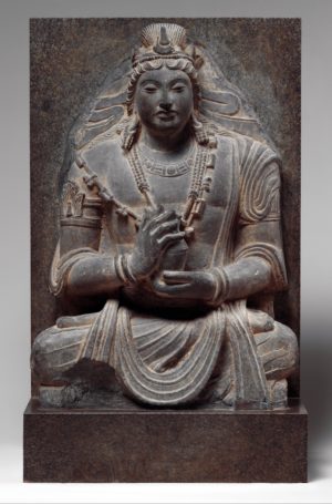 Seated Bodhisattva Maitreya (Buddha of the Future), 7th–8th century, schist, Afghanistan (found near Kabul), 77.8 cm tall (The Metropolitan Museum of Art)