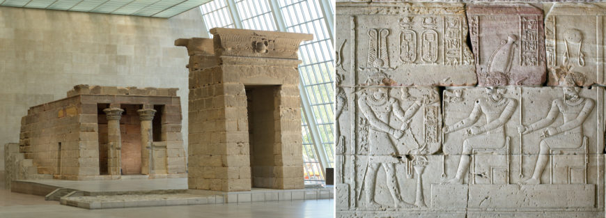 Left: The Temple of Dendur, completed by 10 B.C.E., Roman Period; right, detail: vignette on the interior south wall of the porch showing August (left) burning incense in front of the deified figures of Pedesi and Pihor. Both: Egypt, Nubia, Dendur, West bank of the Nile River, 50 miles South of Aswan, Aeolian sandstone, Temple proper: H. 6.40 m (21 ft.); W. 6.40 m (21 ft.); L. 12.50 m (41 ft.) (The Metropolitan Museum of Art)