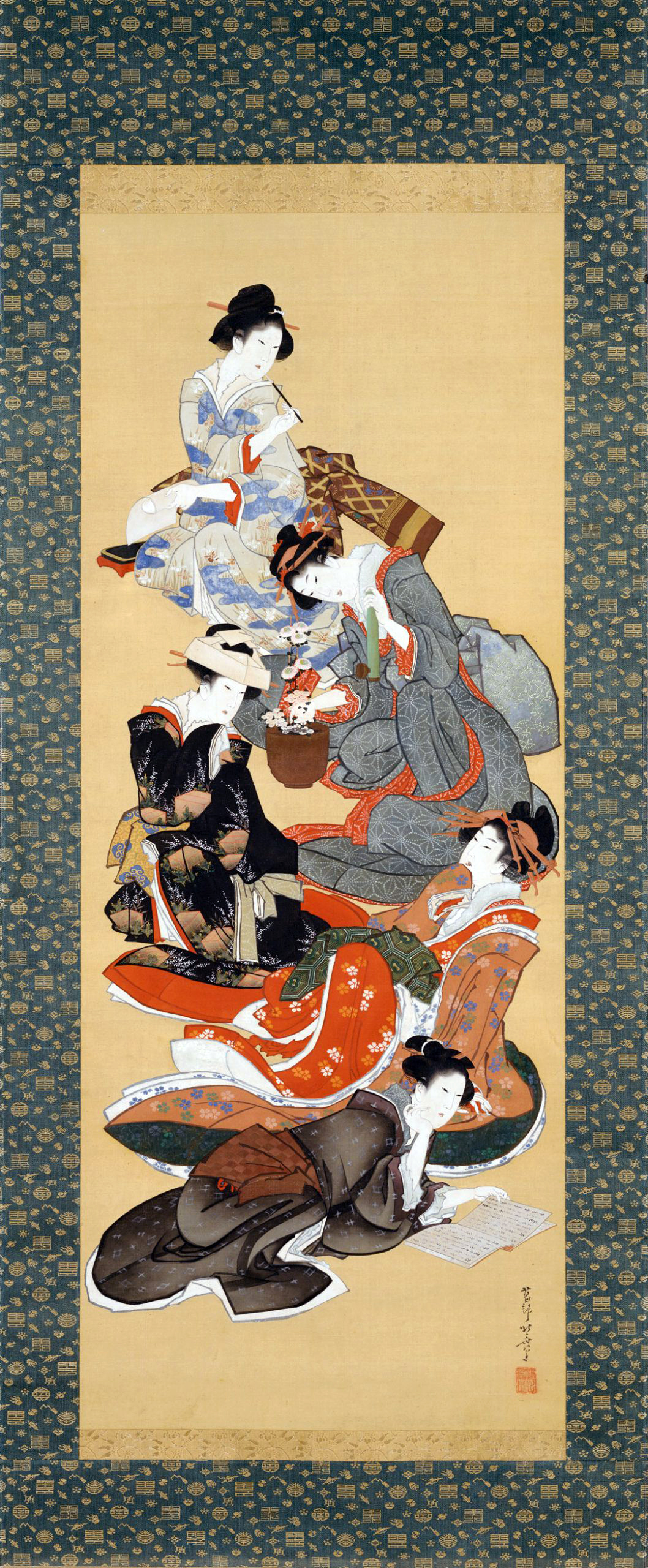 Katsushika Hokusai, Five Beautiful Women, 1804-18, ink and color on silk, 34 x 13-1/2 inches (image), 71 x 18-1/4 inches (scroll) (Seattle Art Museum)
