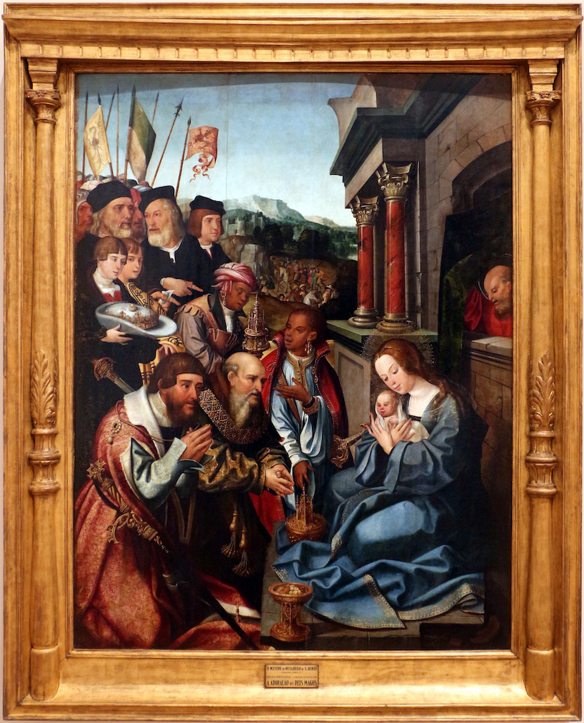 A contemporaneous painting representing the Adoration of the Magi, such as the panel by Gregório Lopes and Jorge Leal, which imagines the gifts of the Wise Men as examples of Gothic micro-architecture. Gregório Lopes and Jorge Leal, Adoration of the Magi, c. 1525, part of the retable for the Lisbon church of São Francisco, Lisbon, MNAA. Image source: Wikipedia.