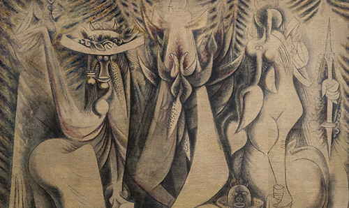 Wifredo Lam, The Eternal Presence (An Homage to Alejandro García Caturla), detail, 1944, oil and pastel over papier mâché and chalk ground on bast fiber fabric, 85 1/4 x 77 1/8 inches (Rhode Island School of Design Museum; photo: Steven Zucker, CC BY-NC-SA 2.0)