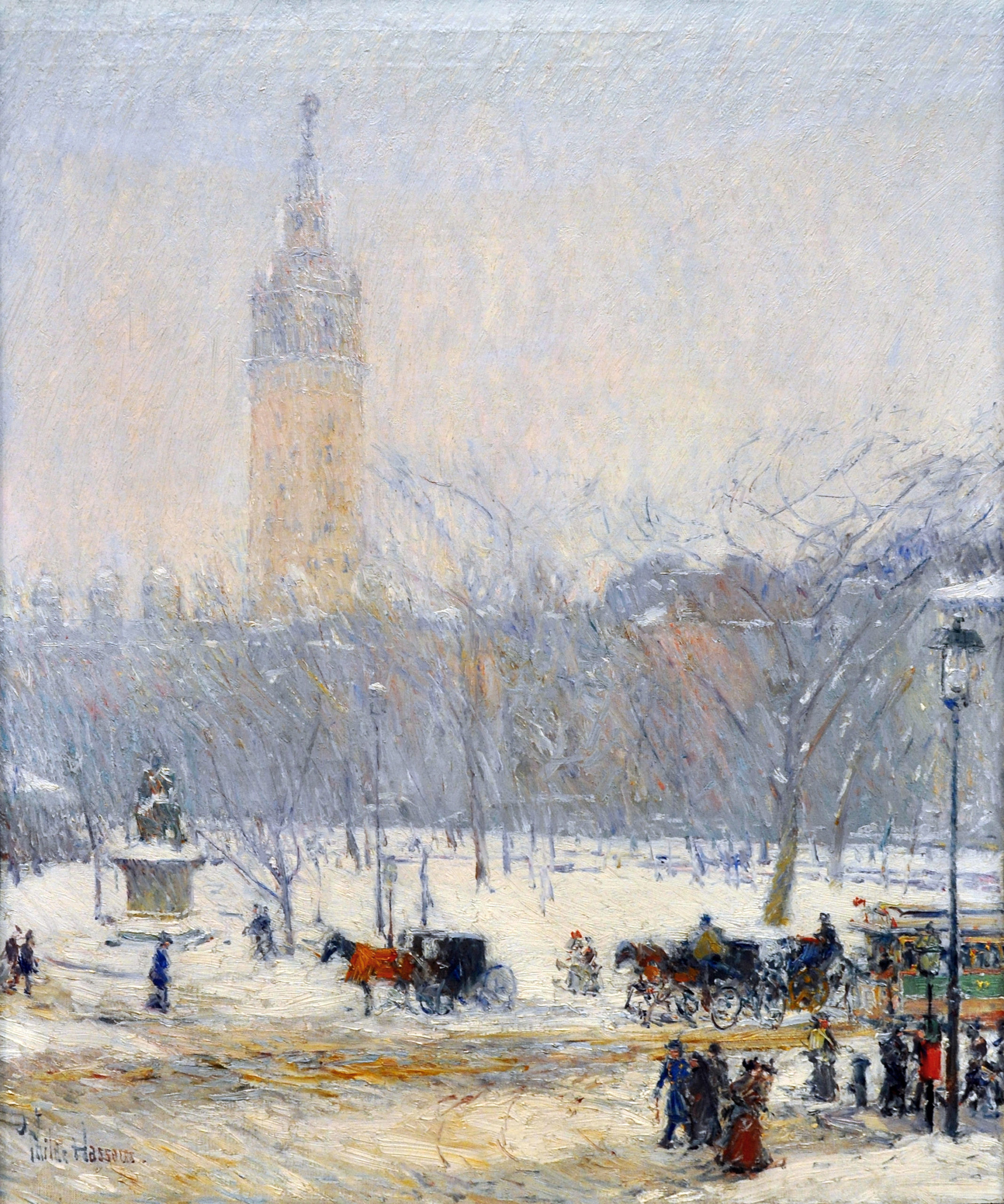 Childe Hassam, Snowstorm, Madison Square, c. 1890, oil on canvas, 20.25 x 16 inches (Baltimore Museum of Art)